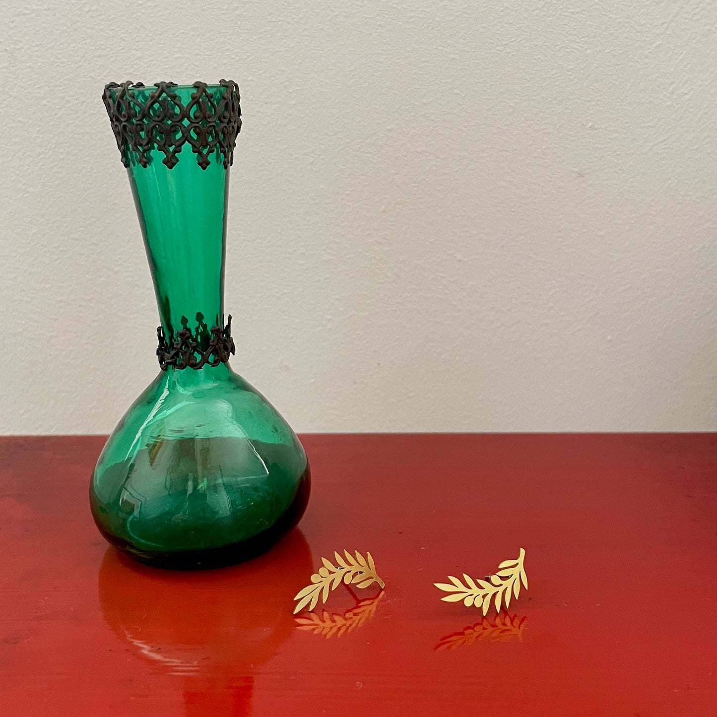 Olive Branch Brass Drop Studs with vase
