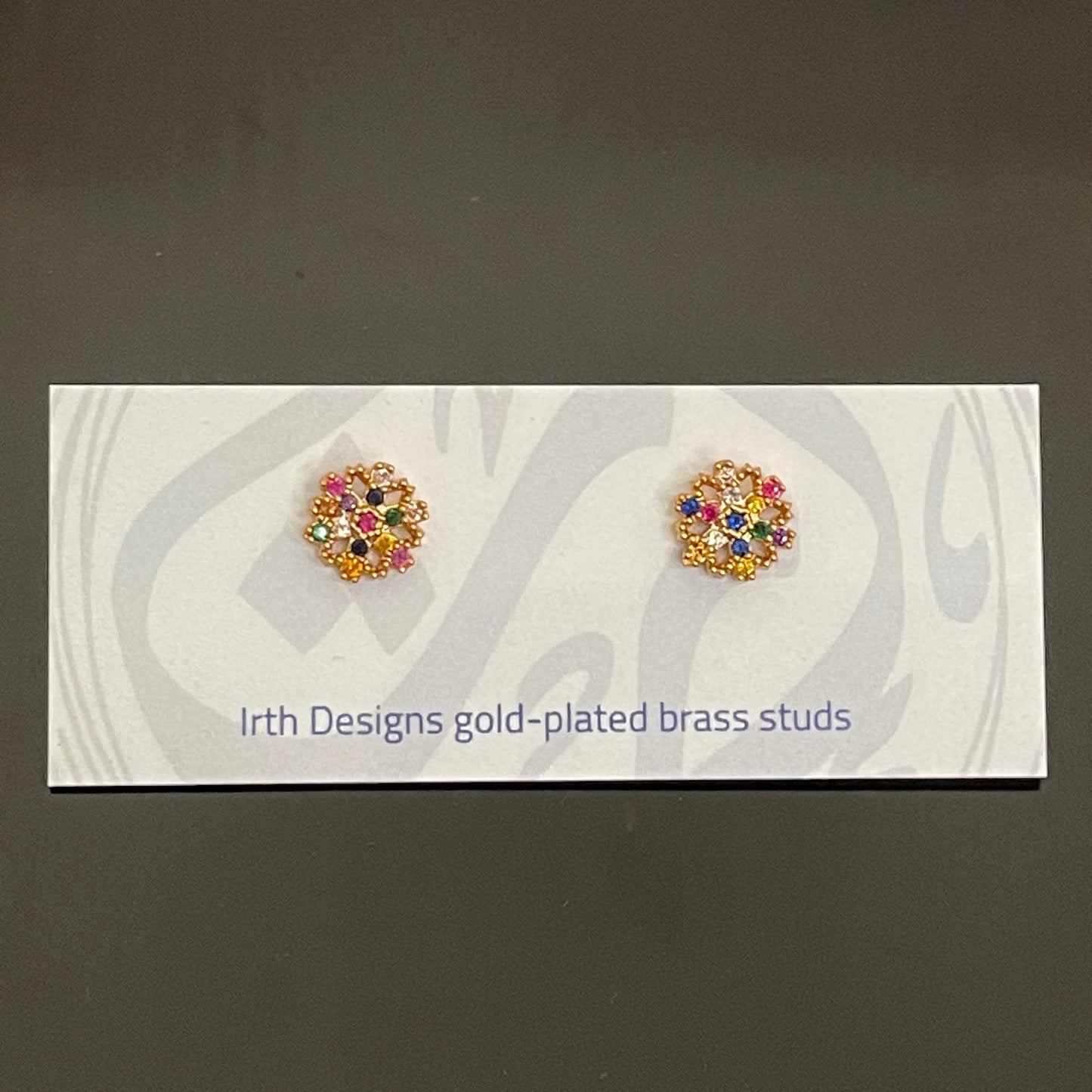 Gold-plated Brass & multi-coloured Zircon Snowflake Studs on card