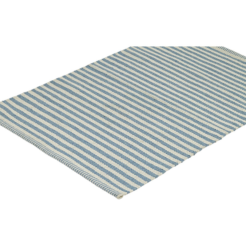 Paris Pale Blue and White Striped Recycled Cotton Rug at an angle