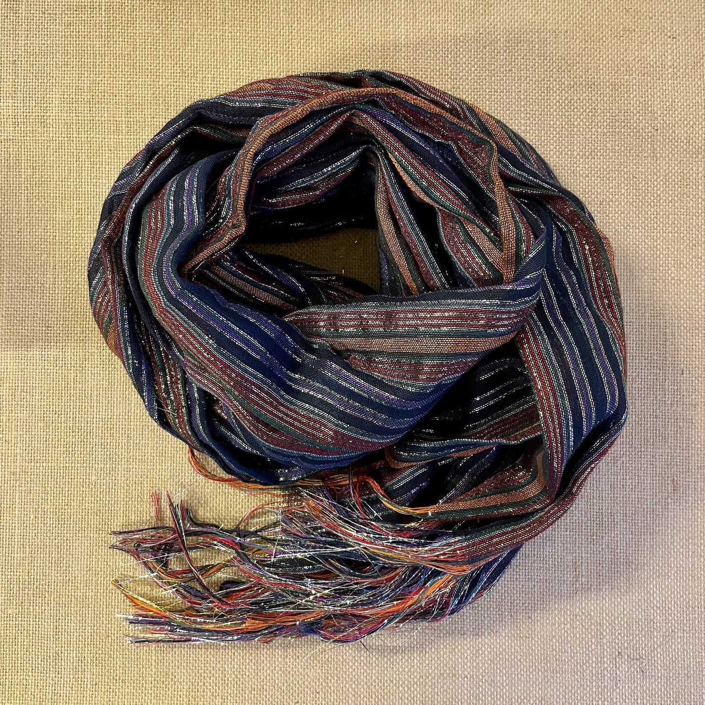 Handwoven Long Striped Metallic Thread Cactus Silk Scarf black