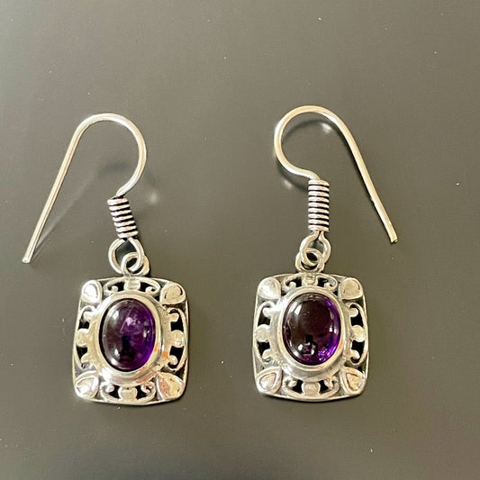 Fretwork Berber Silver Earrings with Oval purple Stones