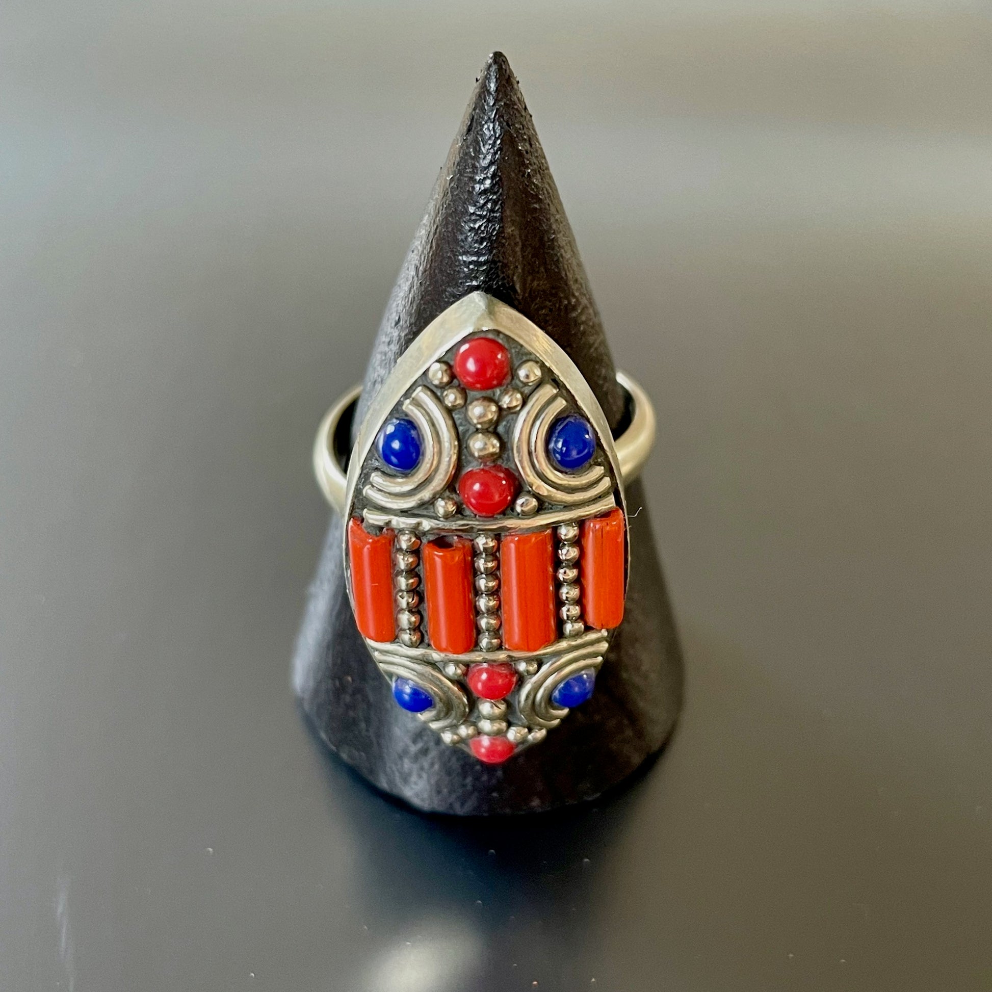 Berber Shield Ring with Red & Blue Stones 2