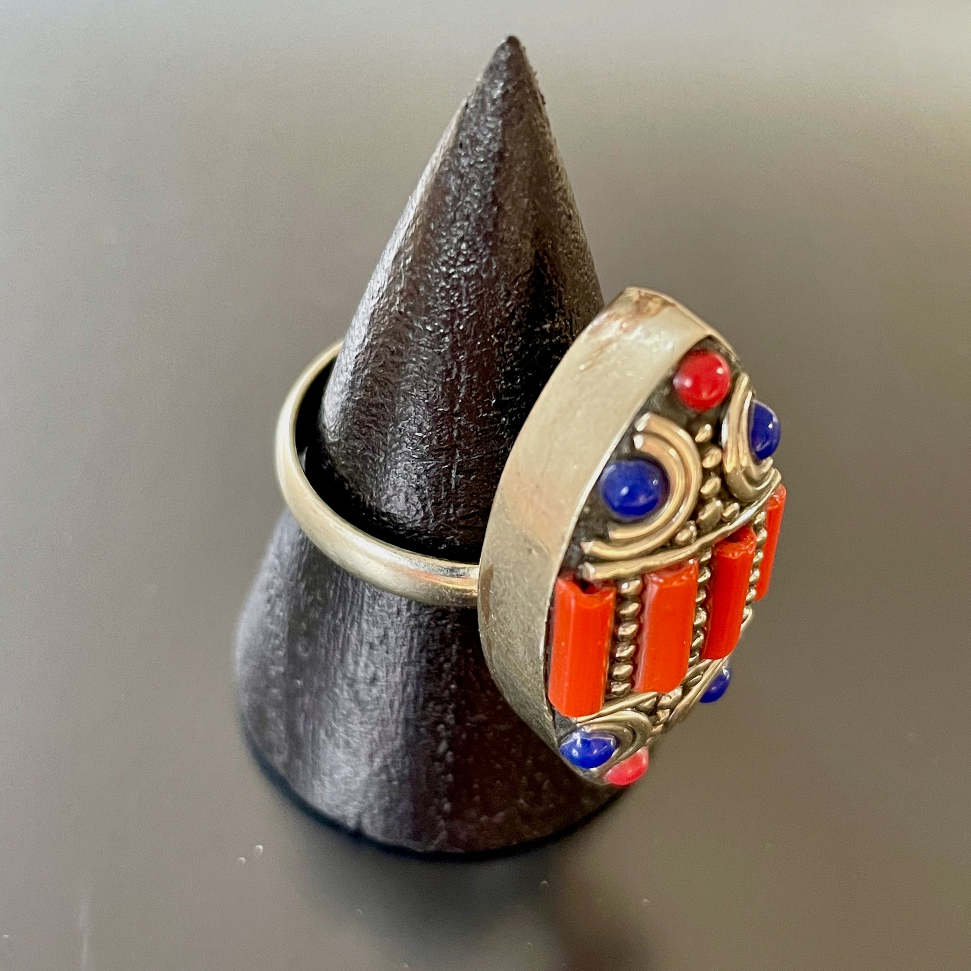 Berber Shield Ring with Red & Blue Stones side detail