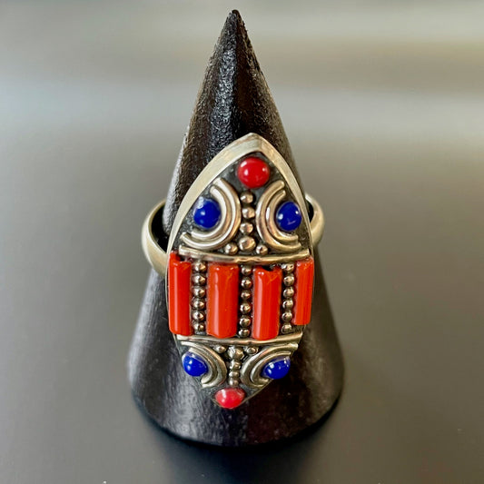 Berber Shield Ring with Red & Blue Stones