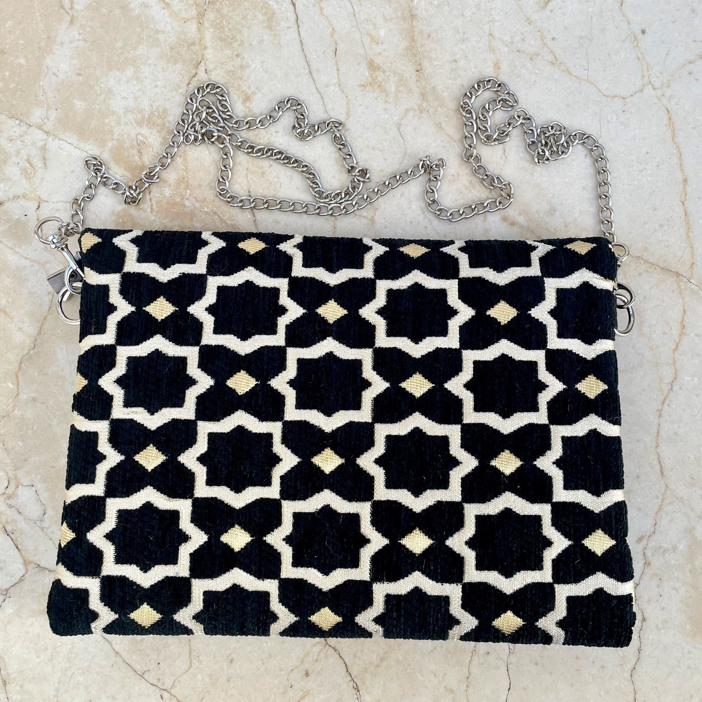 Black Geometric Design Velvet Brocade Handbag