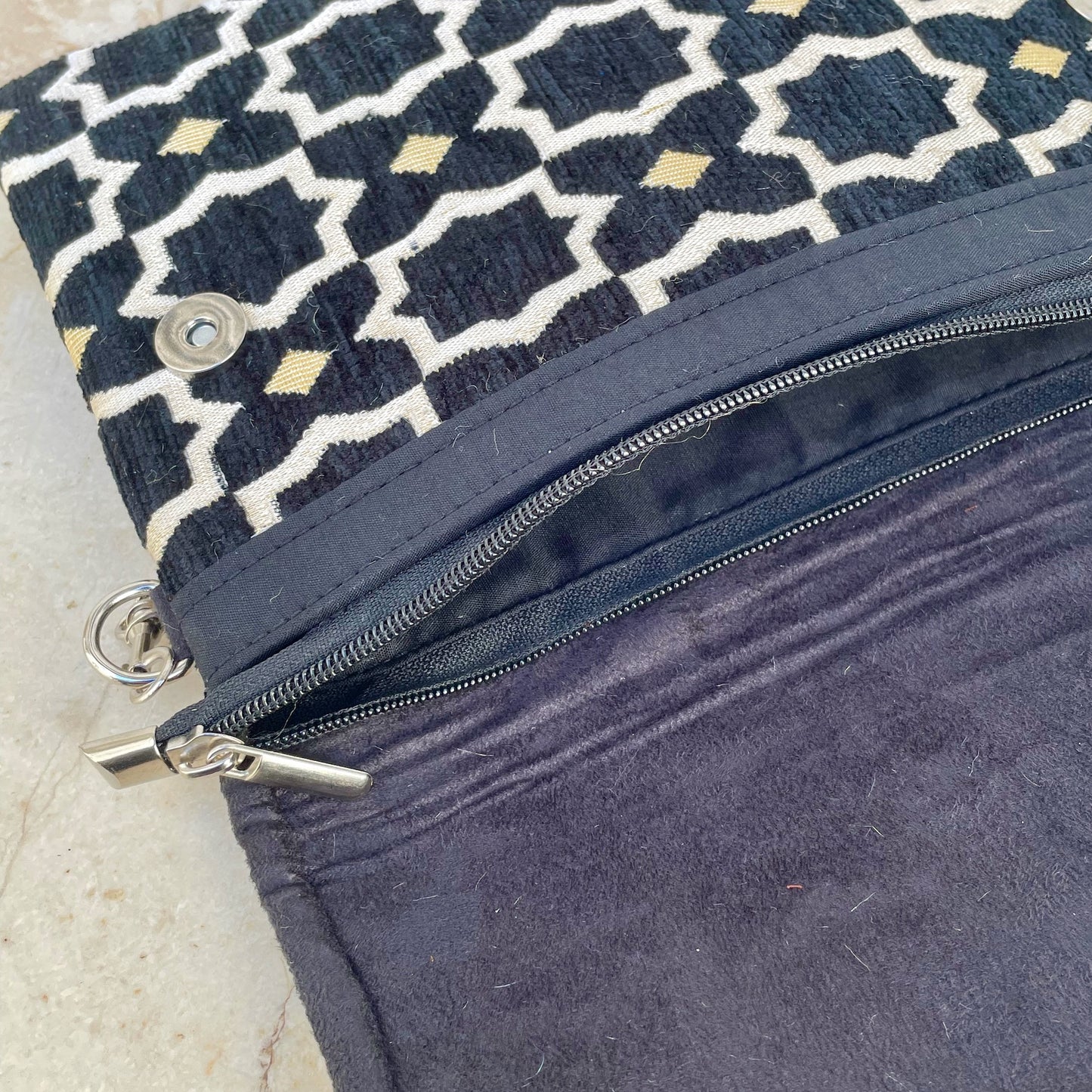 Black Geometric Design Velvet Brocade Handbag