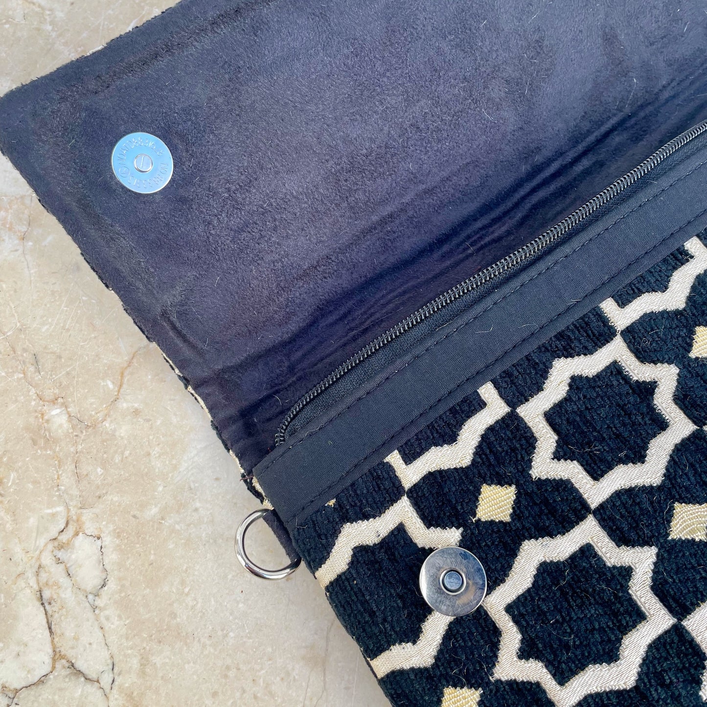 Black Geometric Design Velvet Brocade Handbag