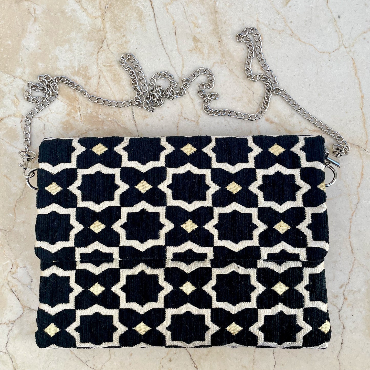 Black Geometric Design Velvet Brocade Handbag