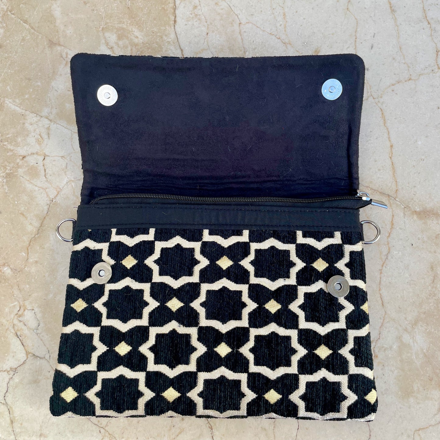 Black Geometric Design Velvet Brocade Handbag