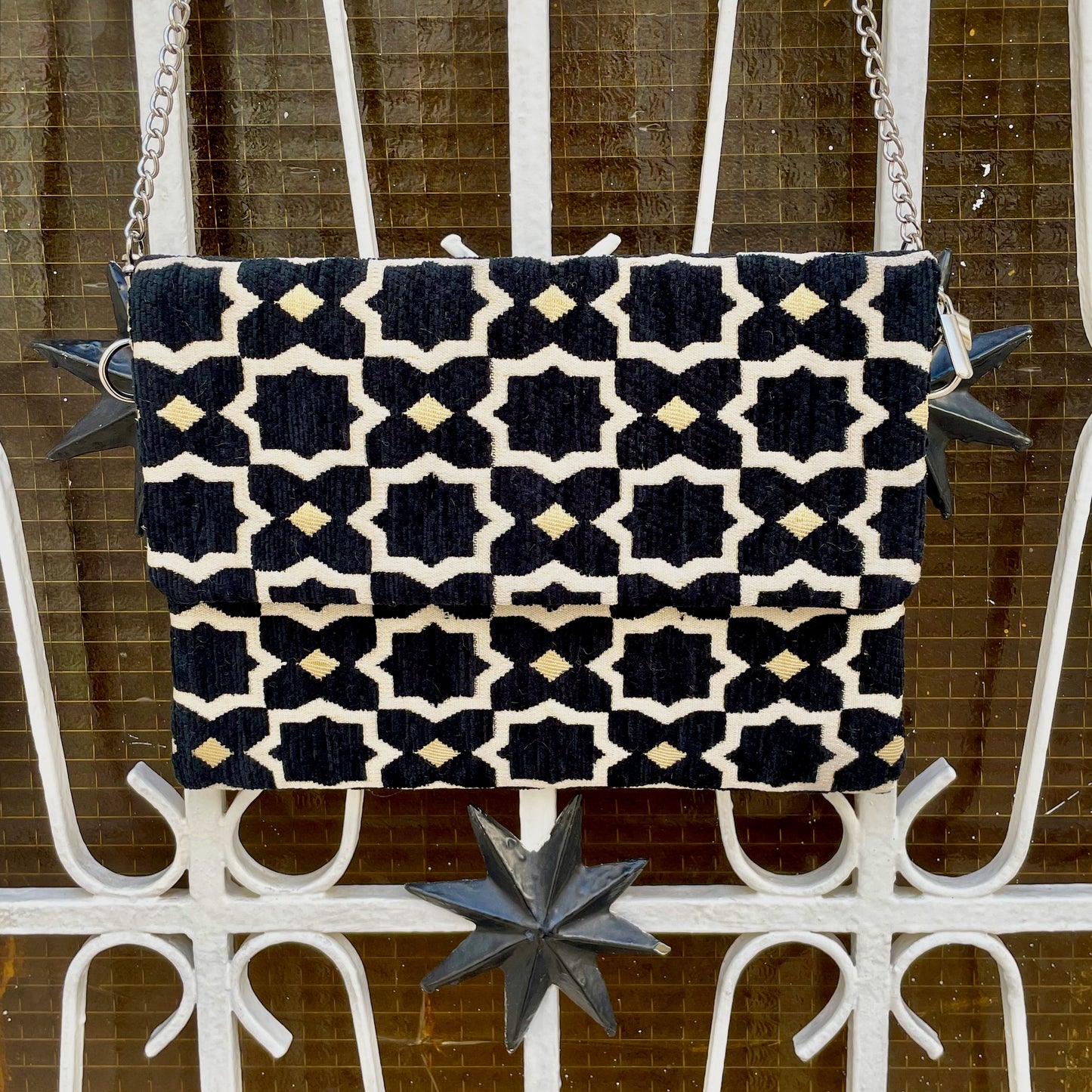 Black Geometric Design Velvet Brocade Handbag