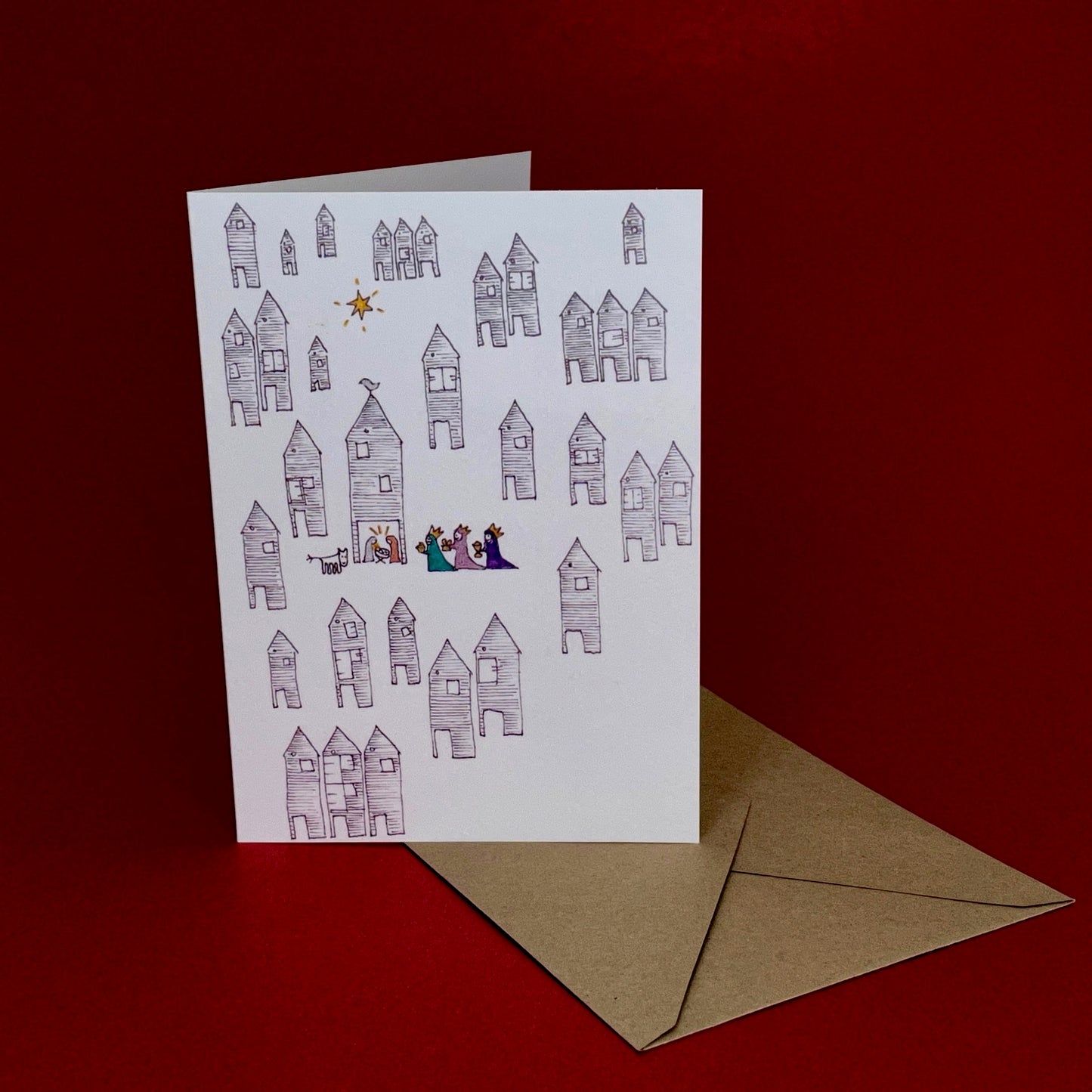 Net Hut Nativity 7x5 Card by Olivia Bishop with envelope