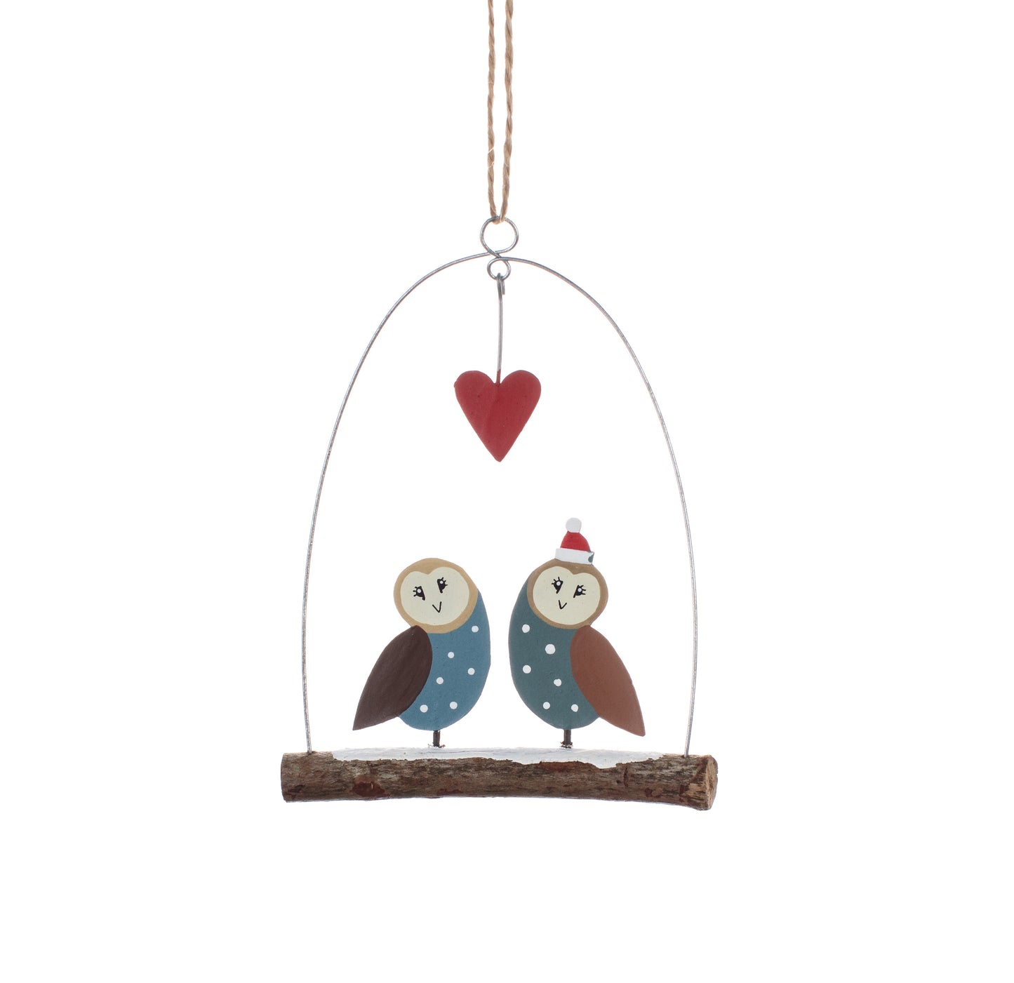 Festive Barn Owls on a Log Hanging Decoration