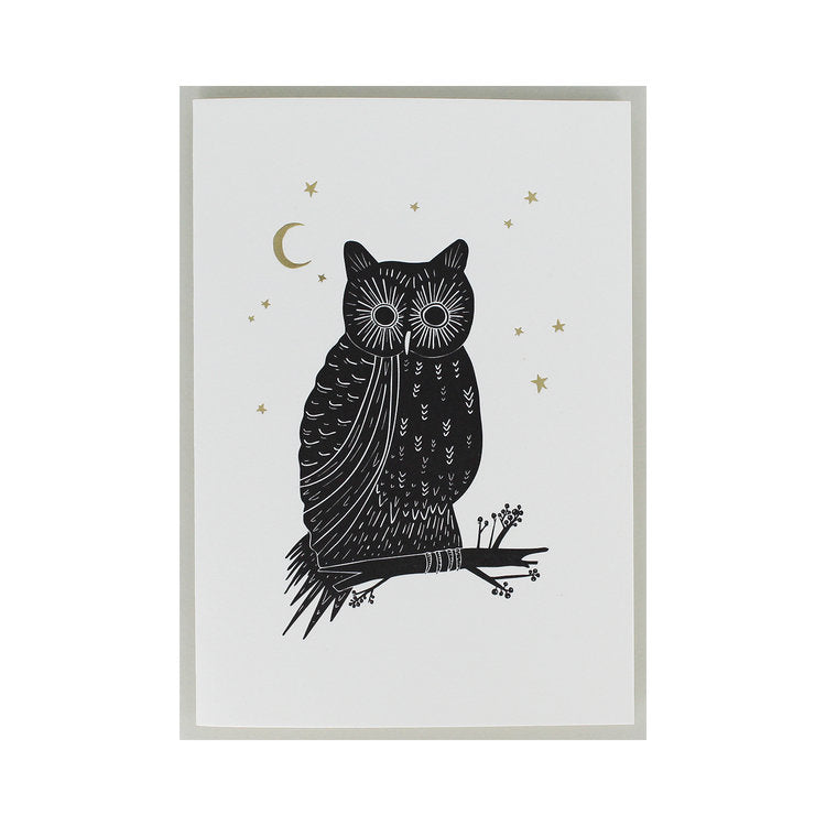 Letterpress Owl, Moon & Stars Card