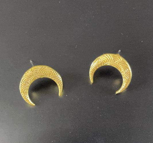 Irth Patterned Brass Crescent Moon Studs