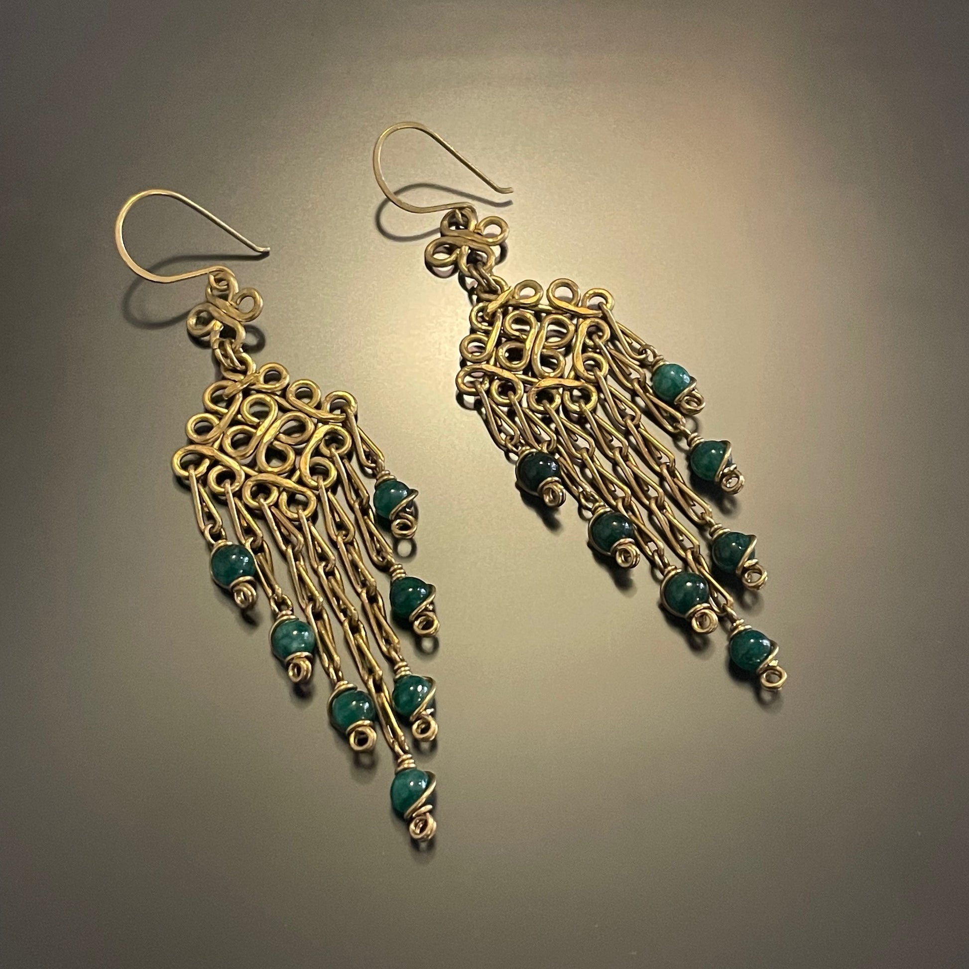 Brass Wire & green bead Chandelier Earrings