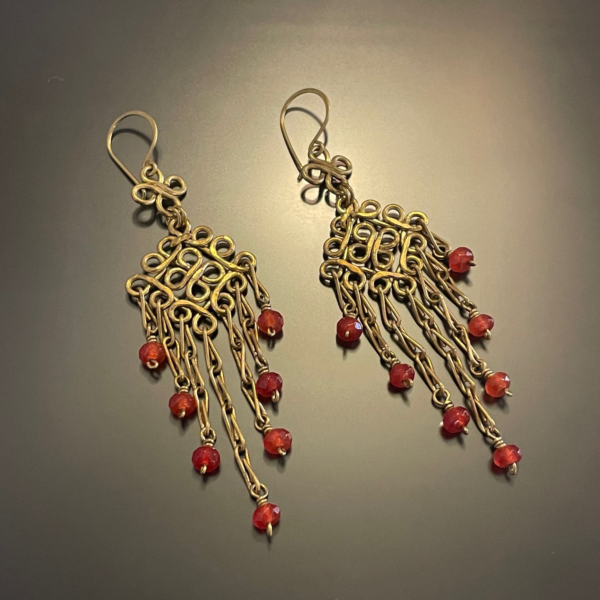 Brass Wire & orange bead Chandelier Earrings