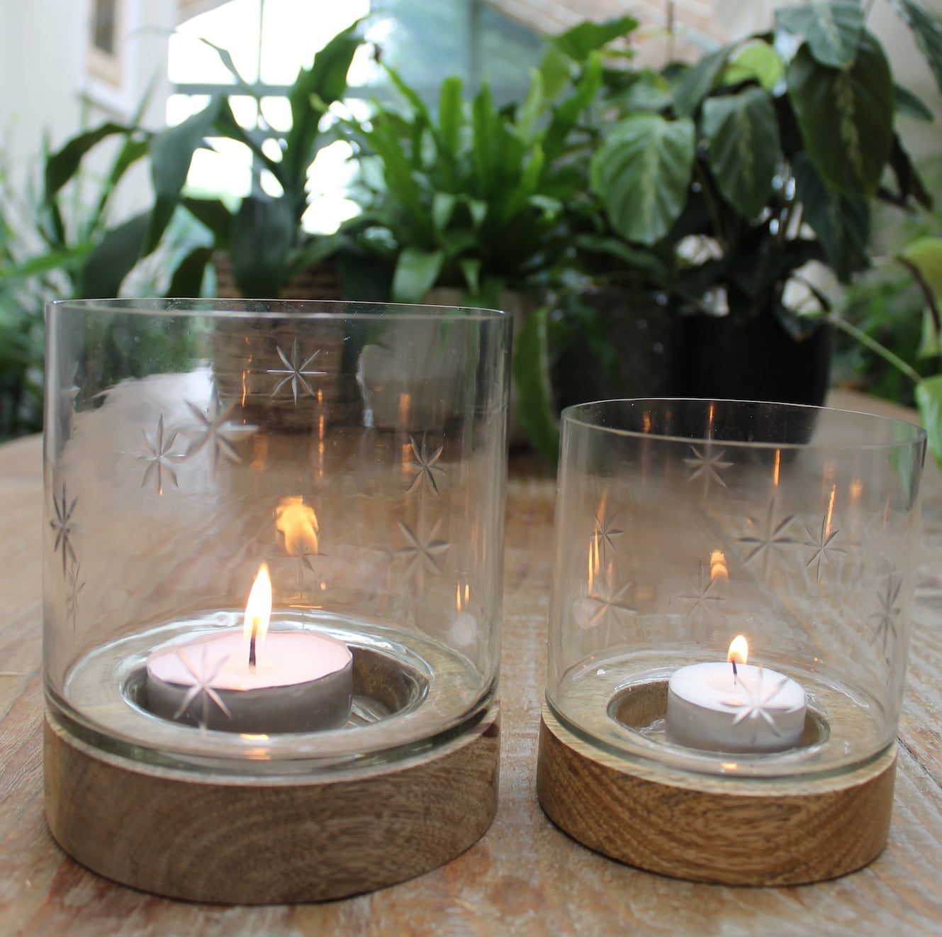 Etched Star Glass Hurricane Lamp