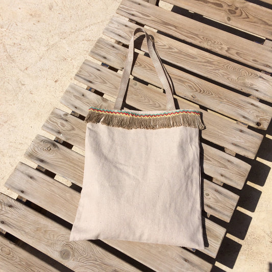 Natural Canvas Tote Bag with Fringe