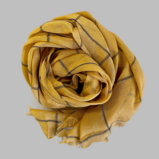 Lightweight Cactus Silk Check Pattern Scarf in Mustard Yellow