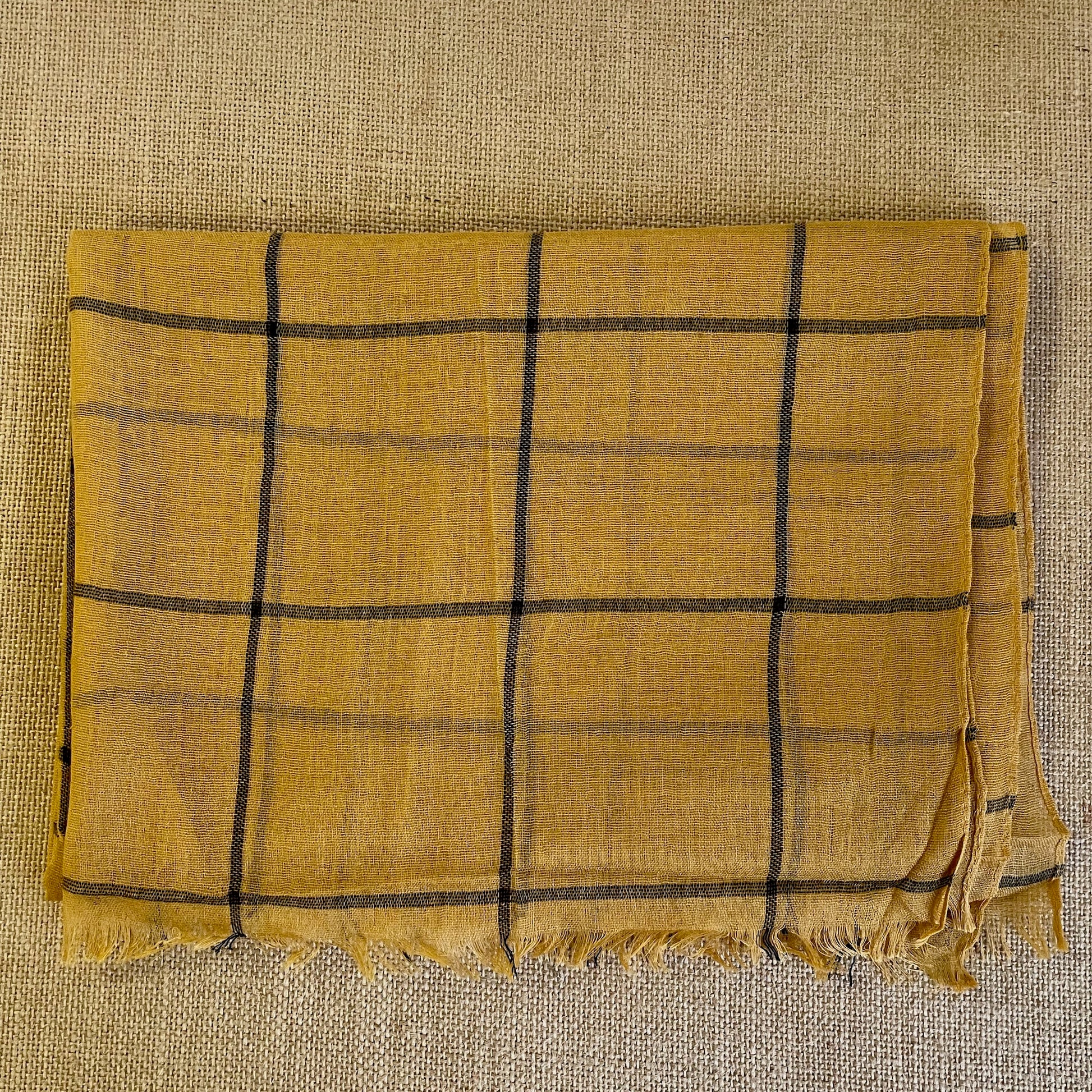Lightweight Cactus Silk Check Pattern Scarf in Mustard Yellow folded