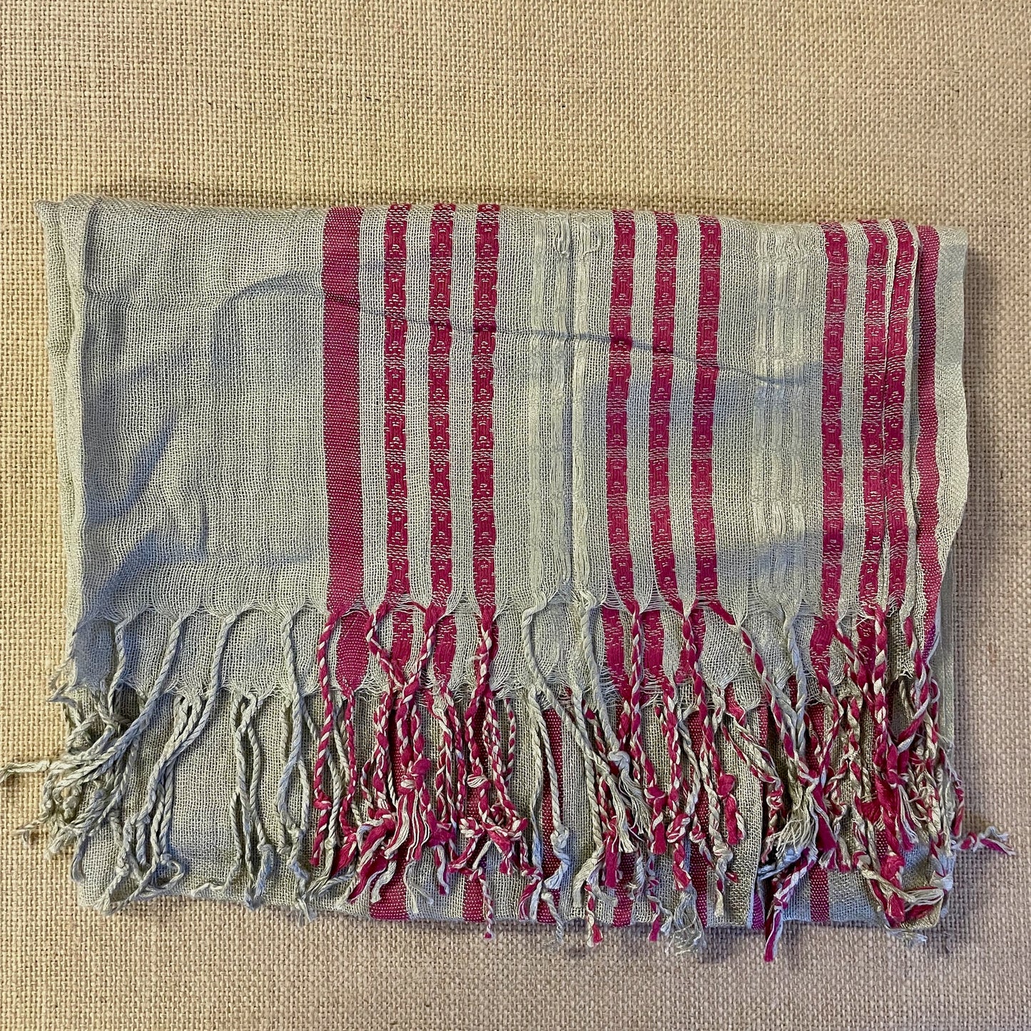 Handwoven Cactus Silk Ecru & Pink Striped Scarf folded