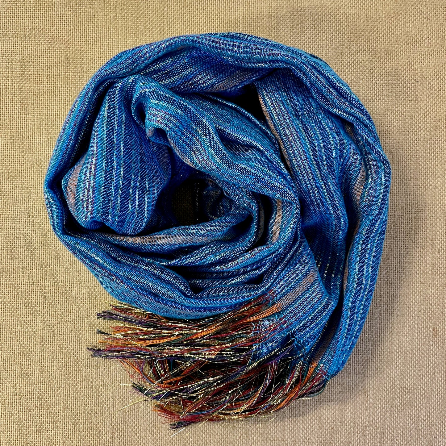 Handwoven Long Striped Metallic Thread Cactus Silk Scarf bright blue