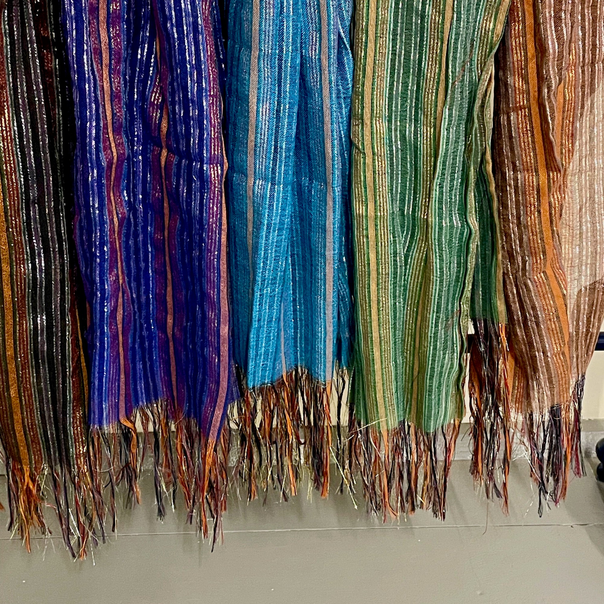 Mor Thread Handwoven Long Striped Metallic Thread Cactus Silk Scarf – Various Col ...