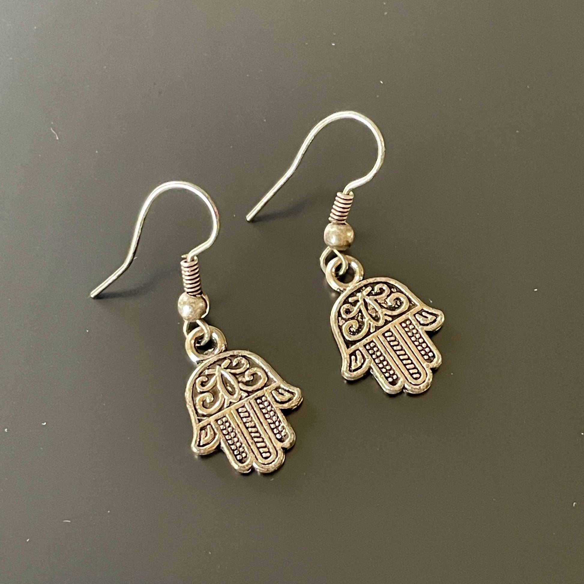 Hand of Fatima Small Drop Earrings with Etched Pattern