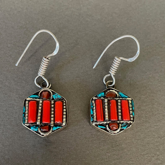 Berber Hexagonal Red and Turquoise Stone Earrings