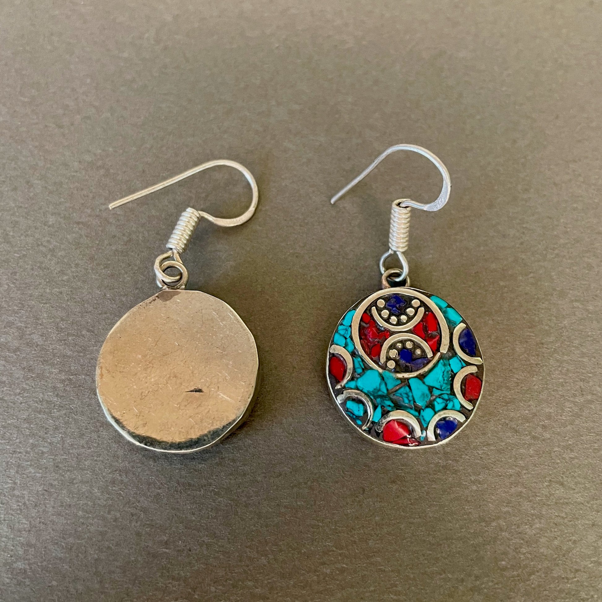 Berber Silver Turquoise & Red Stone Round Earrings backs