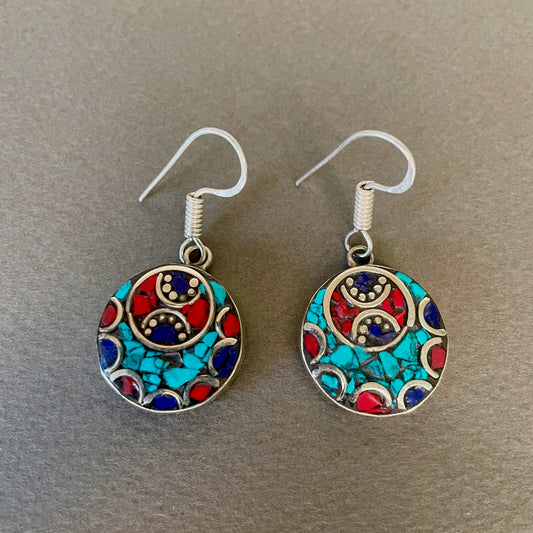 Berber Silver Turquoise & Red Stone Round Earrings