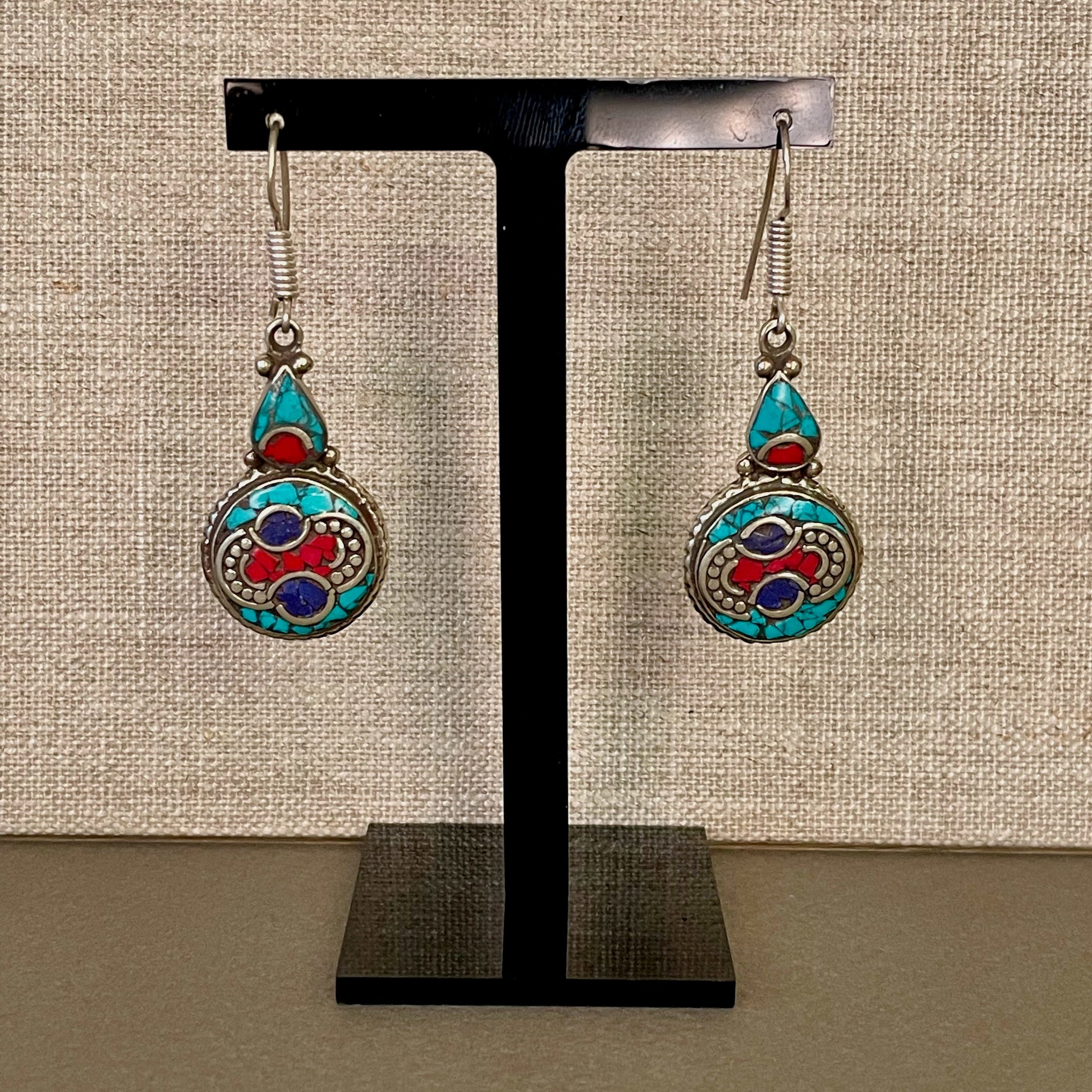 Berber Silver Turquoise, Blue & Red Stone Drop Earrings on stand