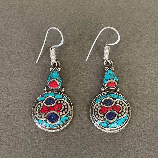 Berber Silver Turquoise, Blue & Red Stone Drop Earrings