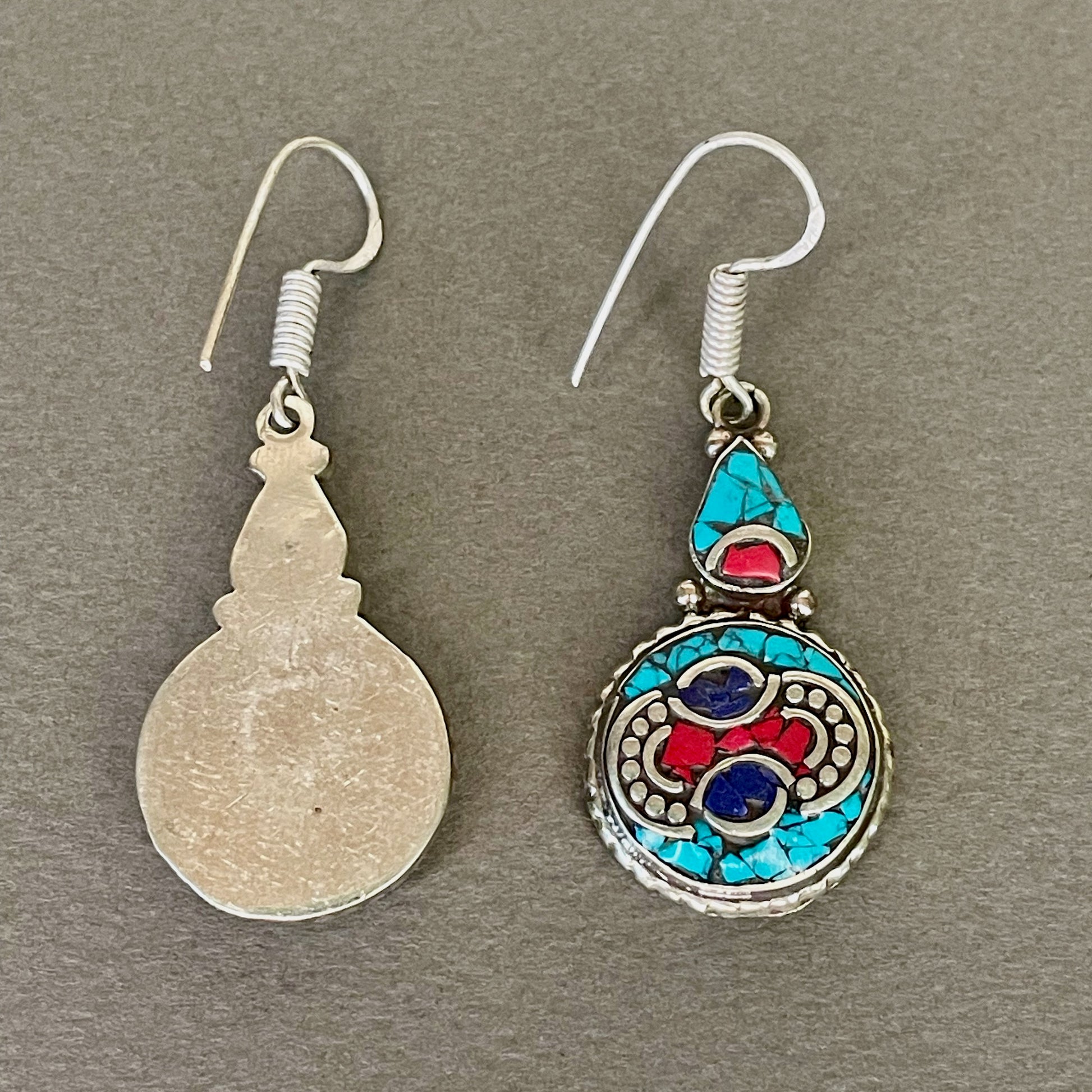 Berber Silver Turquoise, Blue & Red Stone Drop Earrings back
