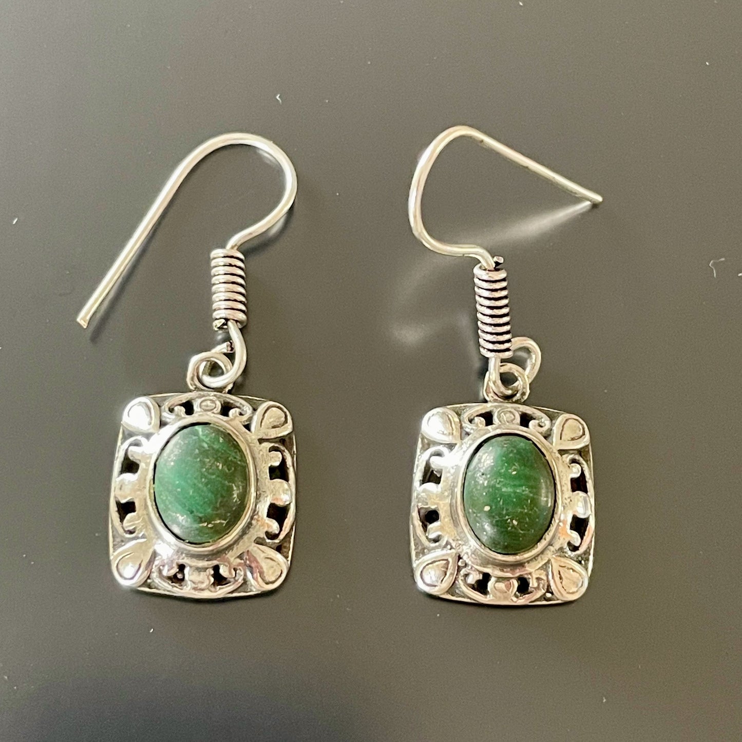 Fretwork Berber Silver Earrings with Oval green Stones