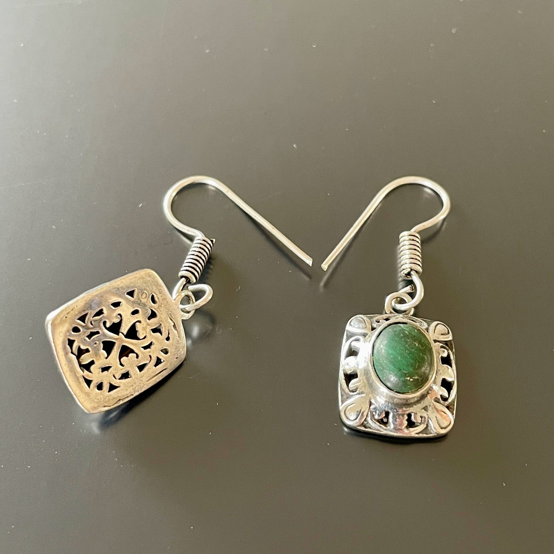 Fretwork Berber Silver Earrings with Oval green Stones back