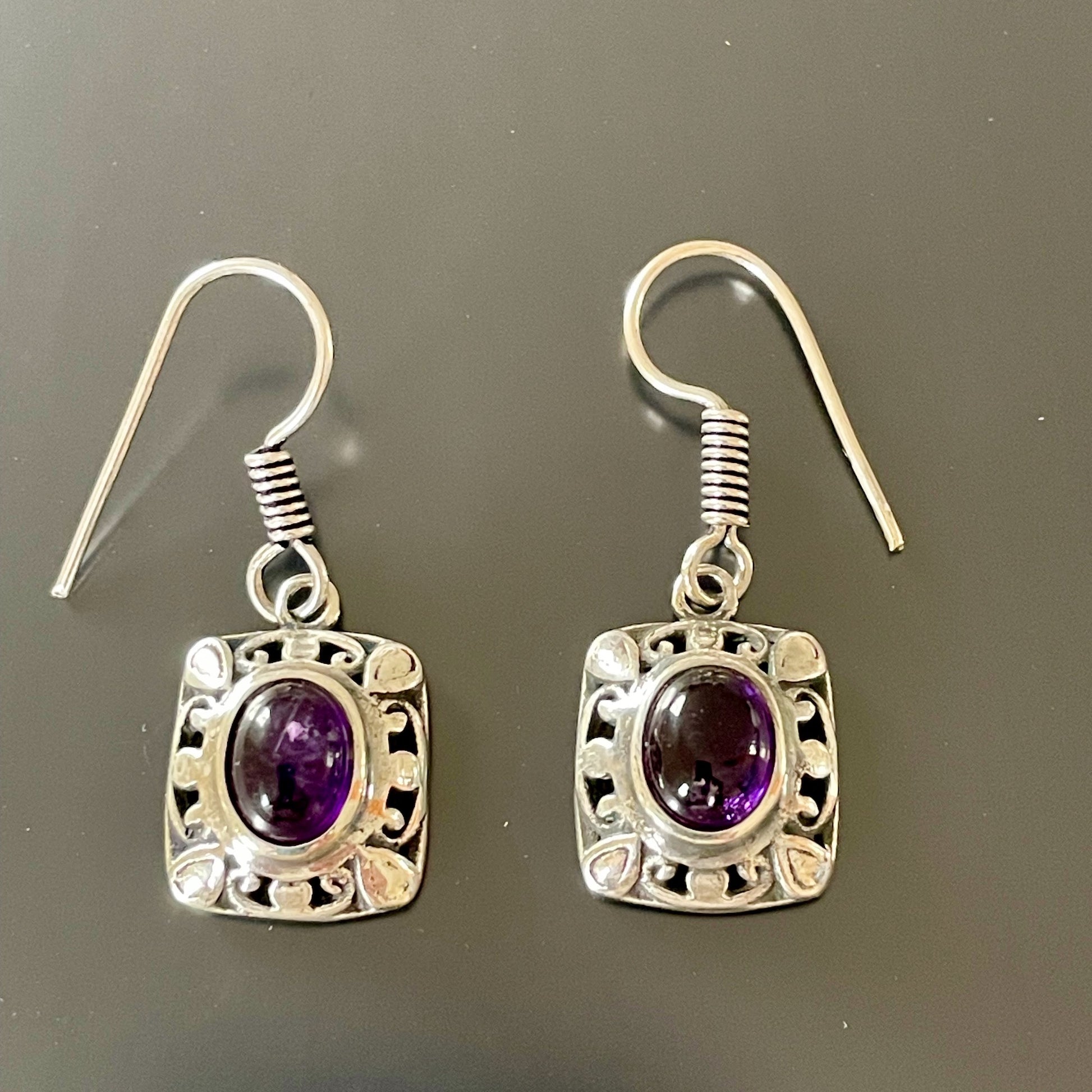 Fretwork Berber Silver Earrings with Oval purple Stones
