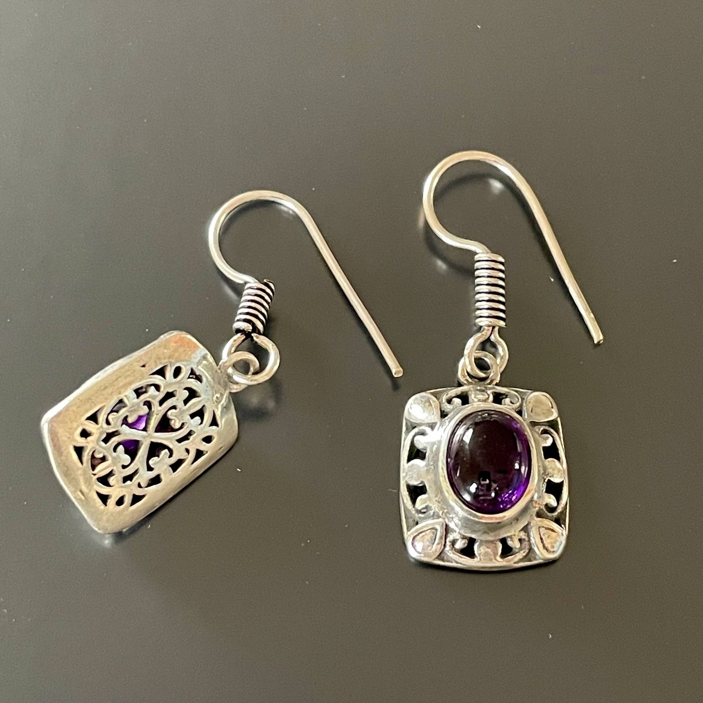 Fretwork Berber Silver Earrings with Oval purple Stones backs