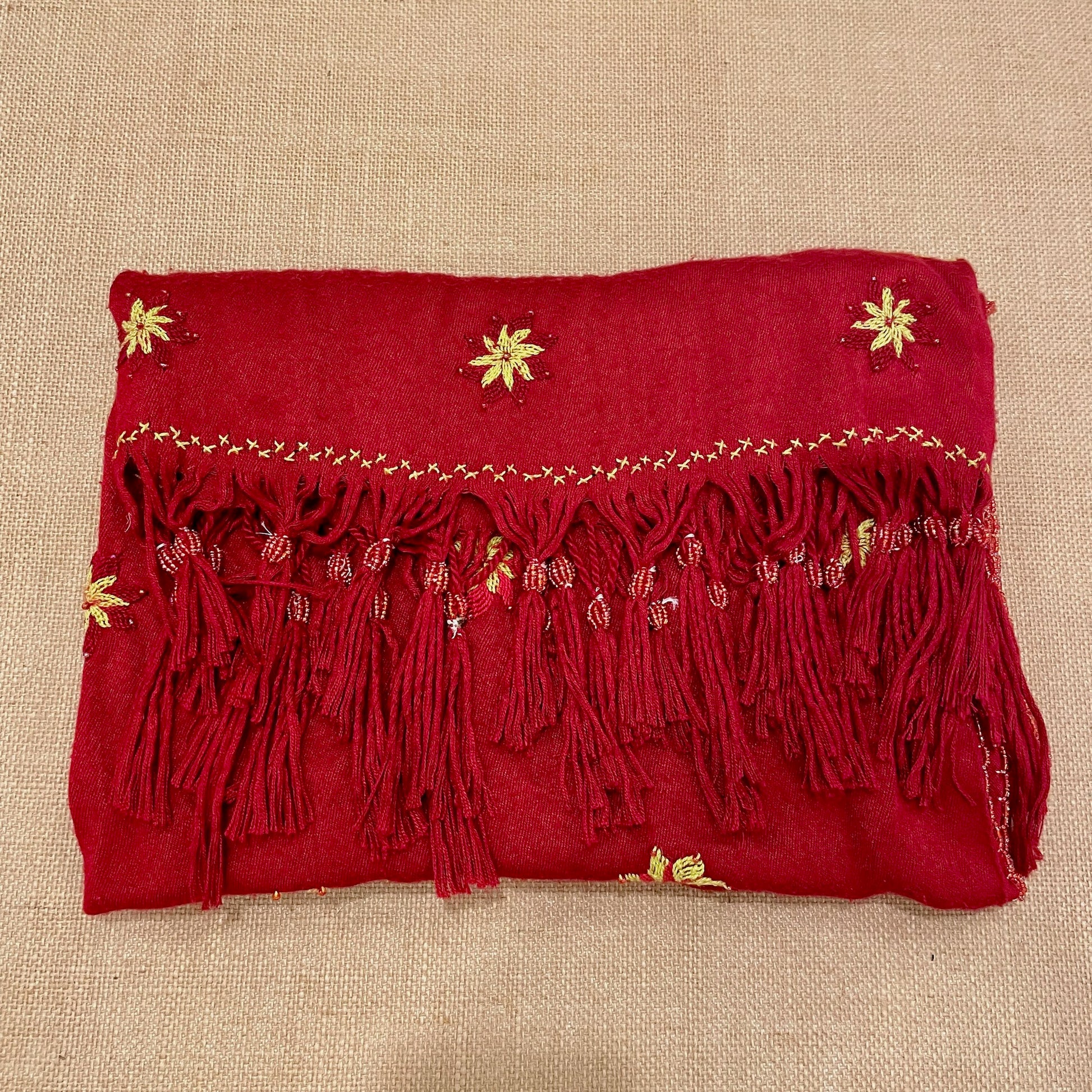 Bedouin Hand-embroidered Red Pashmina Scarf folded