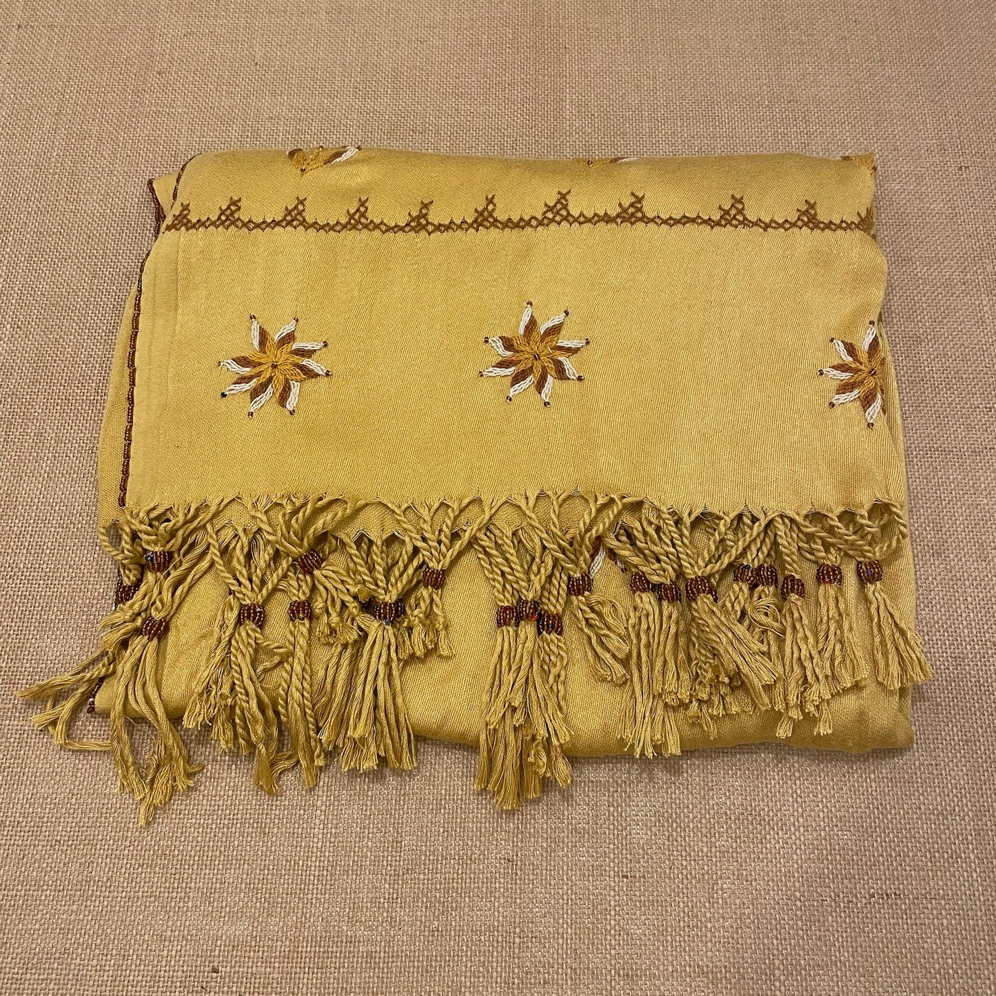 Bedouin Hand-embroidered Golden Beige Pashmina Scarf folded