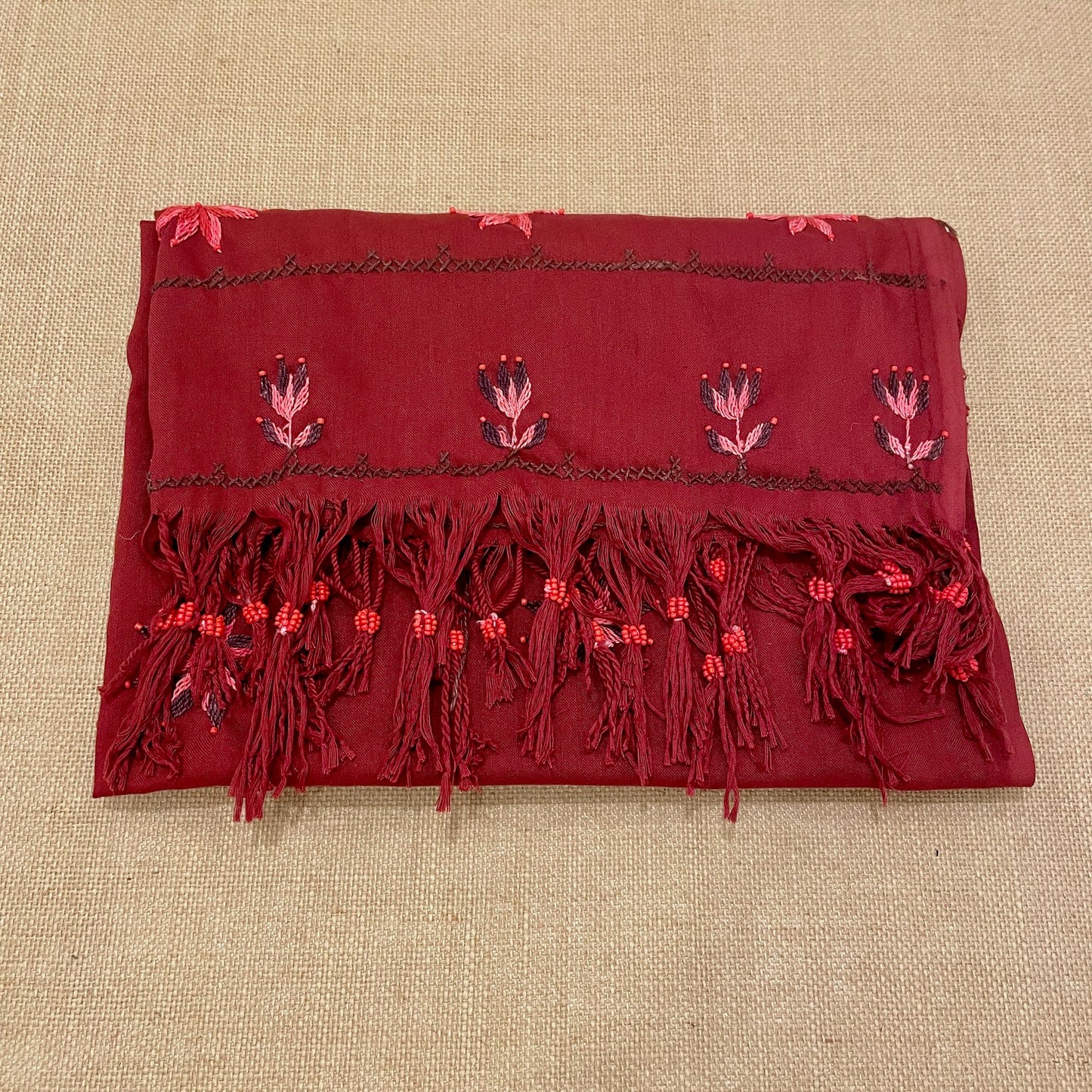 Bedouin Hand-embroidered Maroon Pashmina Scarf folded