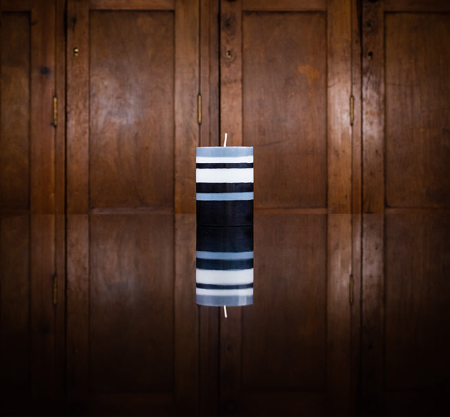 Eco Pillar Candle in Gull, Gunmetal and Jet Stripes still life