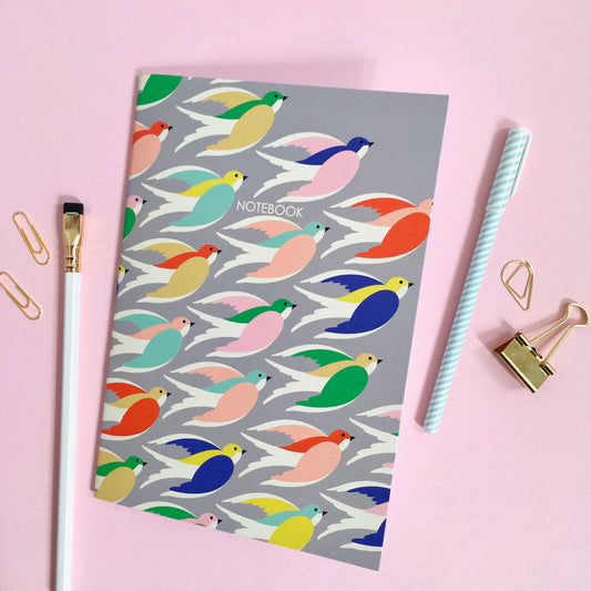 Colourful Birds in flight A5 Notebook front