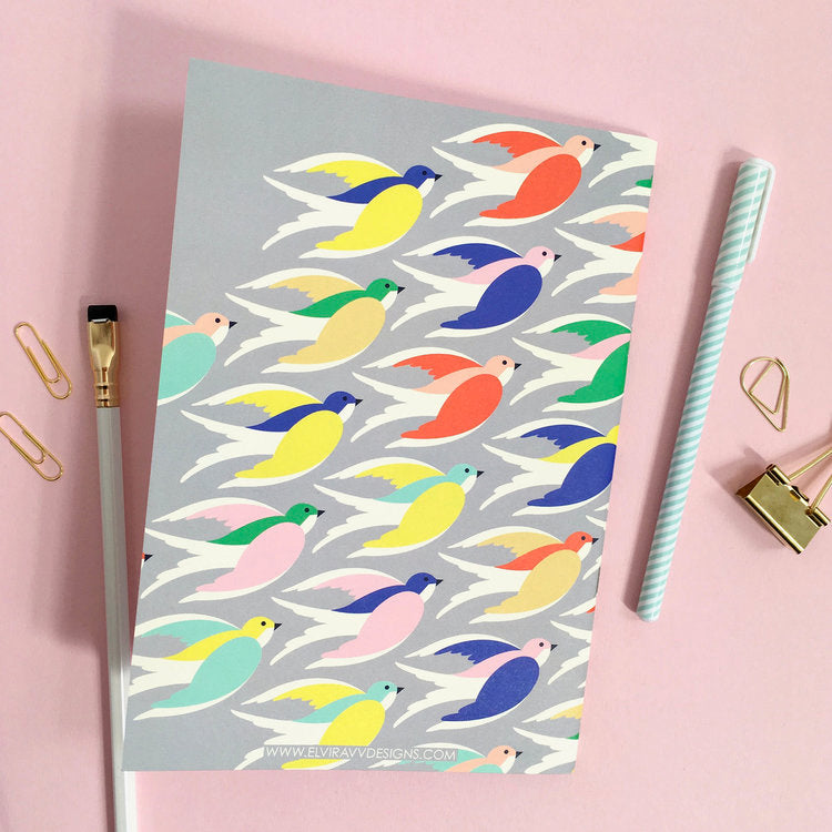 Colourful Birds in flight A5 Notebook back