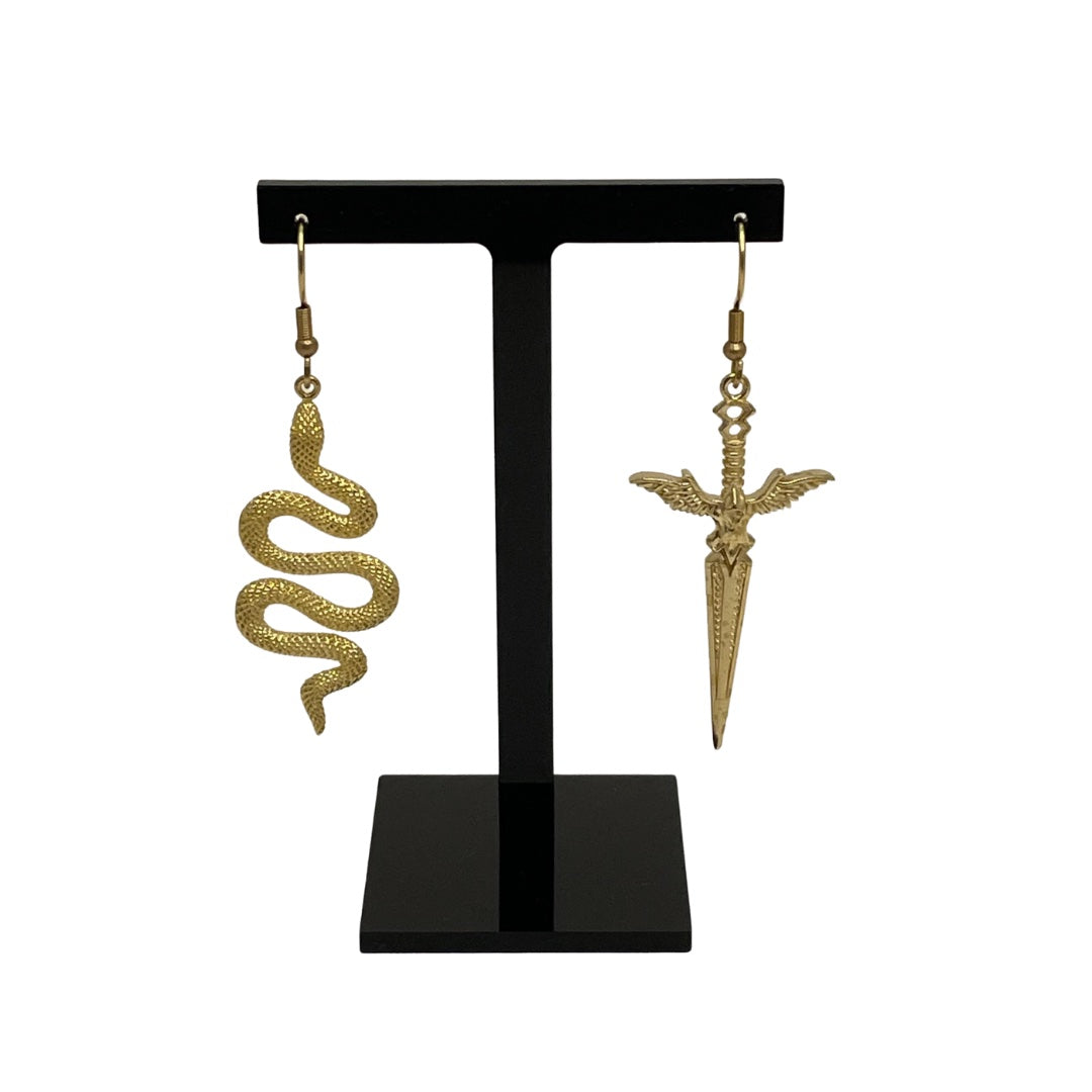 Irth Snake & Dagger Brass Earrings detail