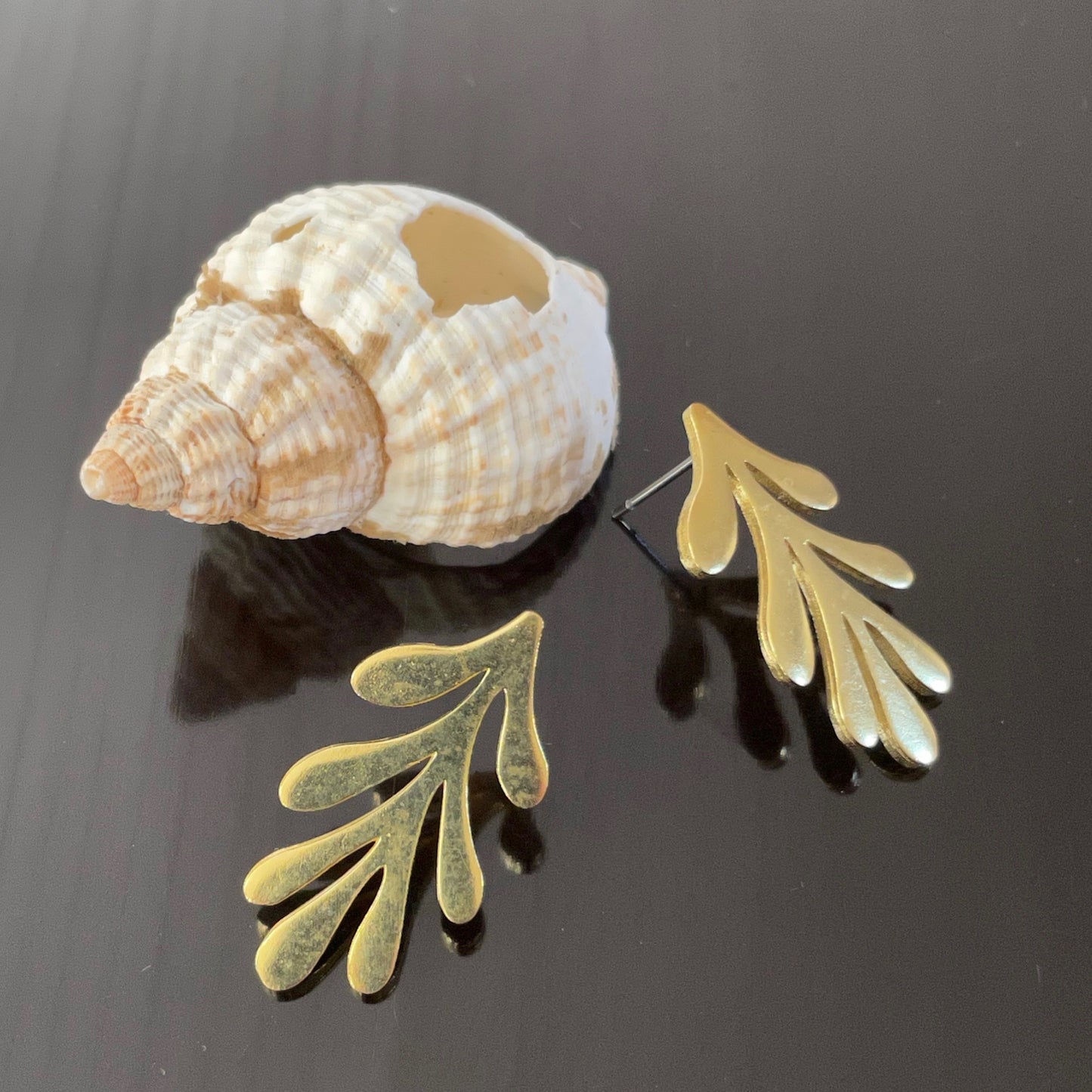 Irth Organic Leaf Brass Drop Studs detail with shell
