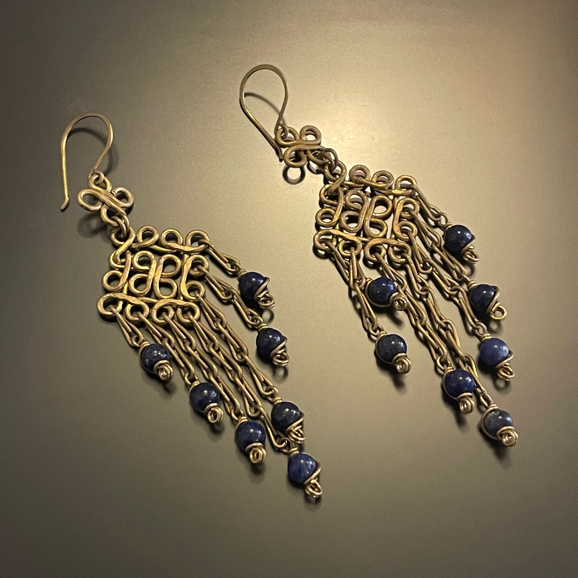Brass Wire & blue bead Chandelier Earrings