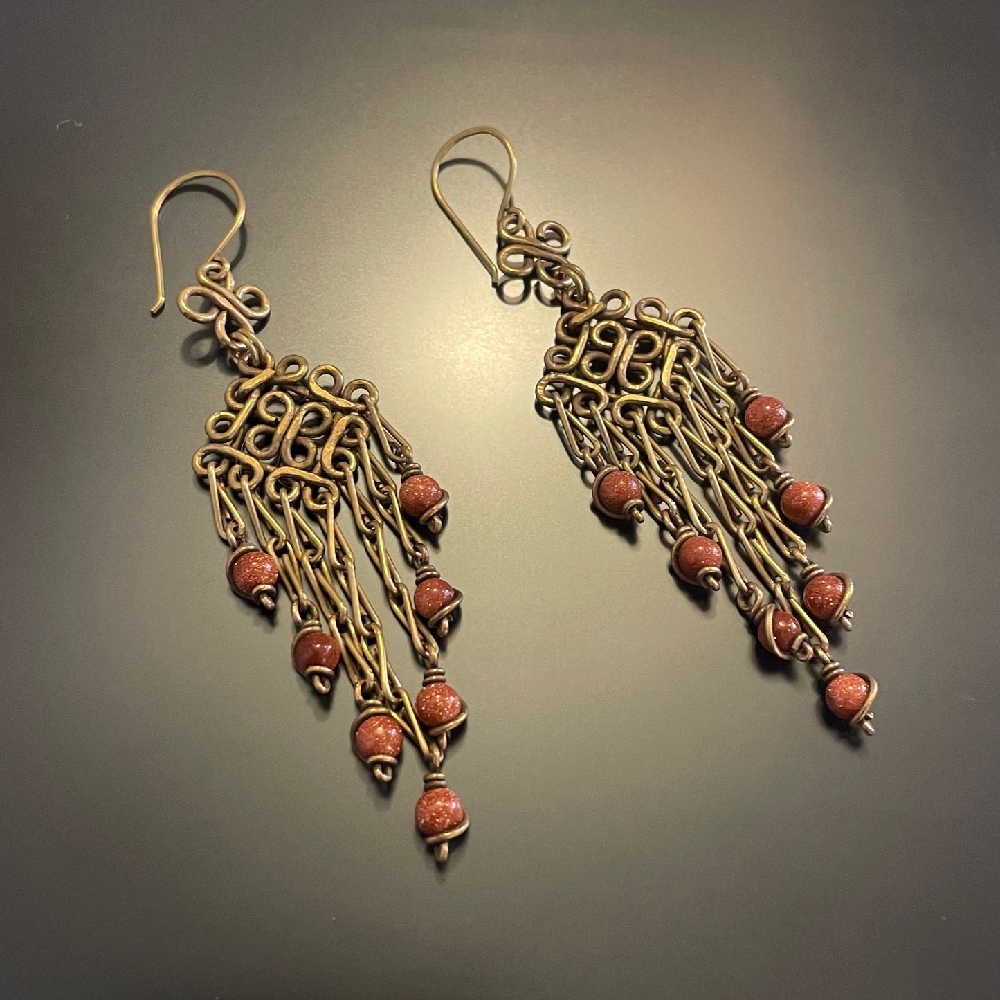 Brass Wire & brown bead Chandelier Earrings