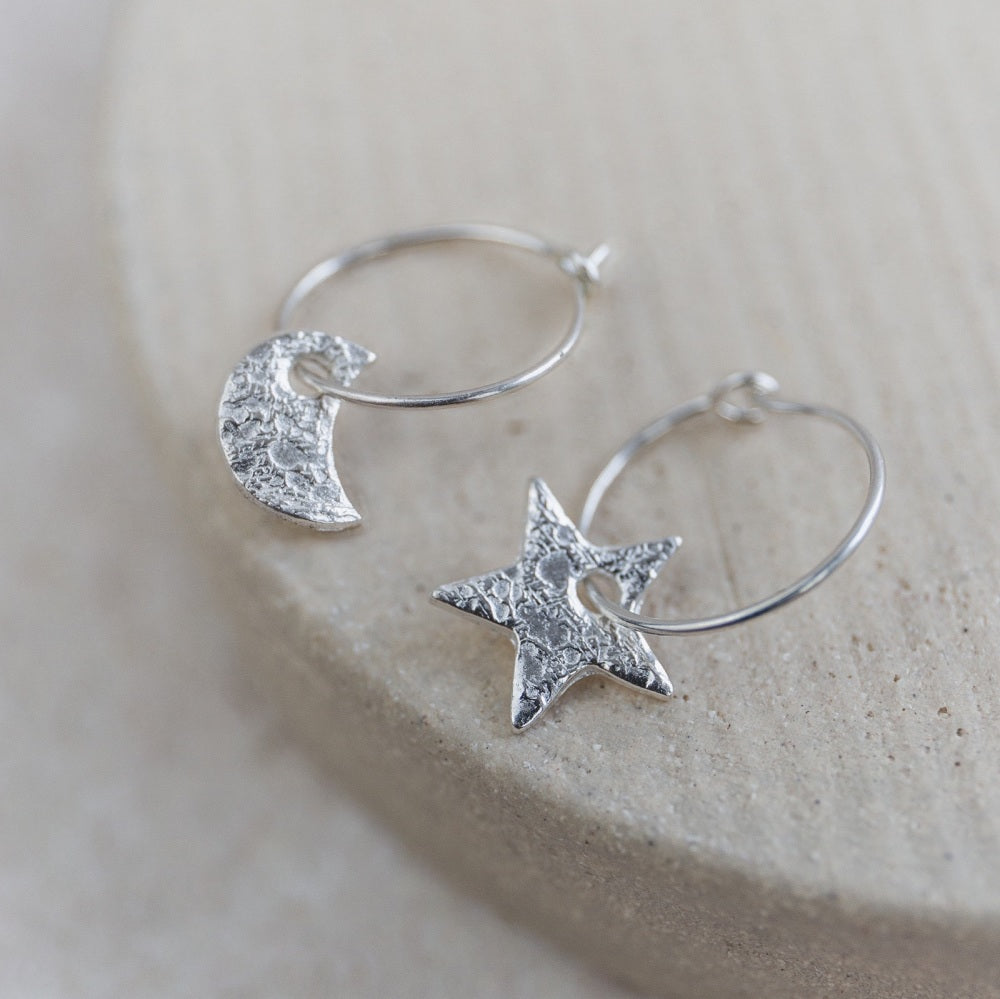 Silver Mismatch Star & Moon Hoop Earrings by Lucy Kemp