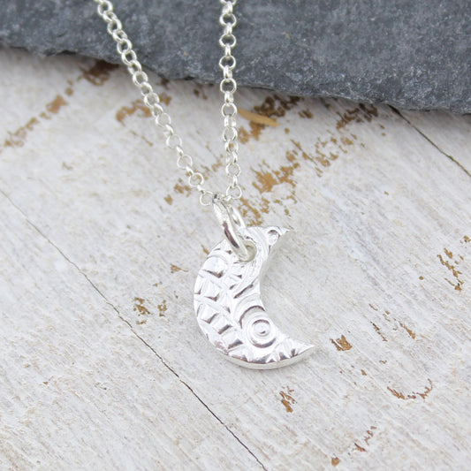 Textured Silver Small Moon Pendant Necklace by Lucy Kemp